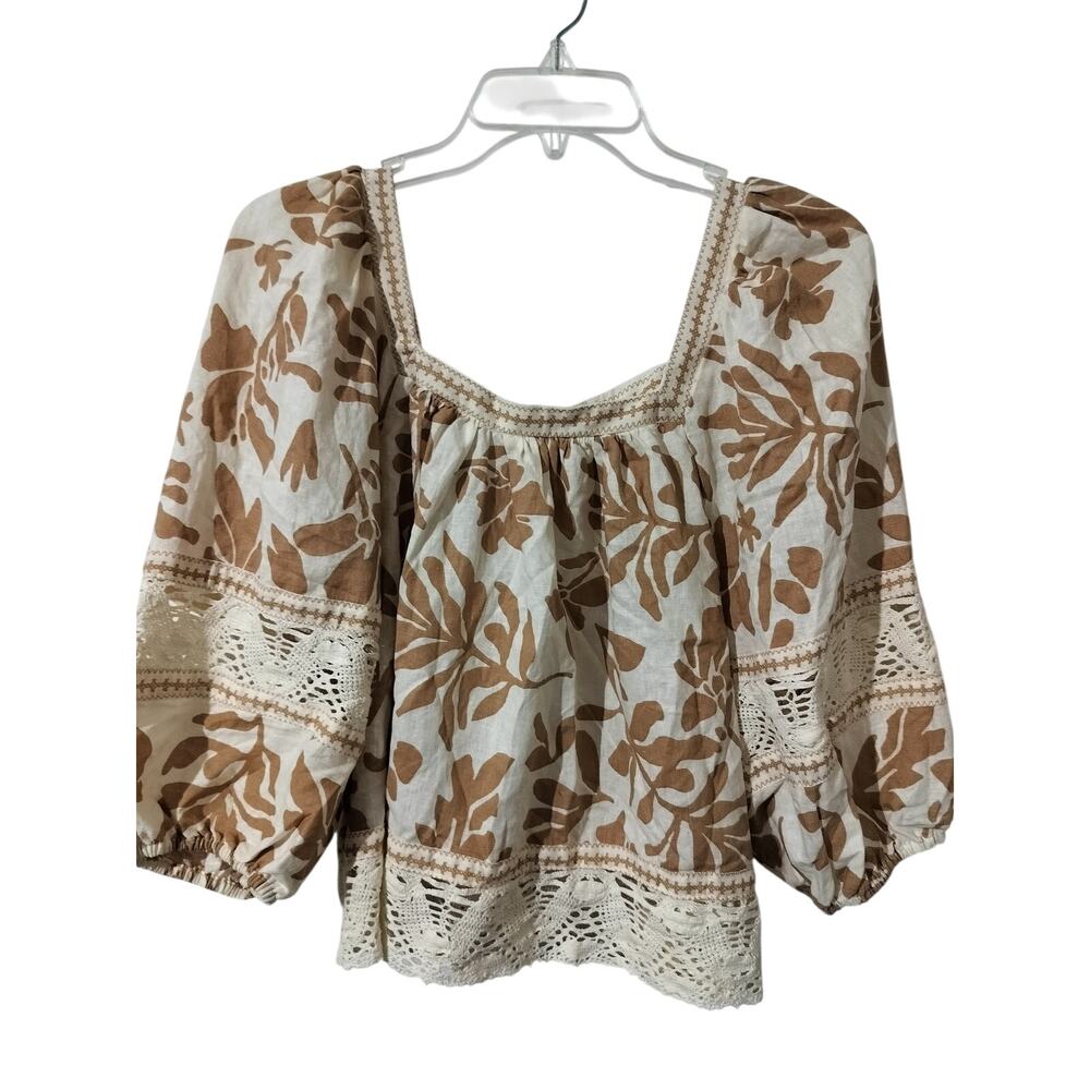 6057)Christian Siriano NY Linen Blend Peasant Boho Floral Tan  Crop Blouse Small - Picture 5 of 7